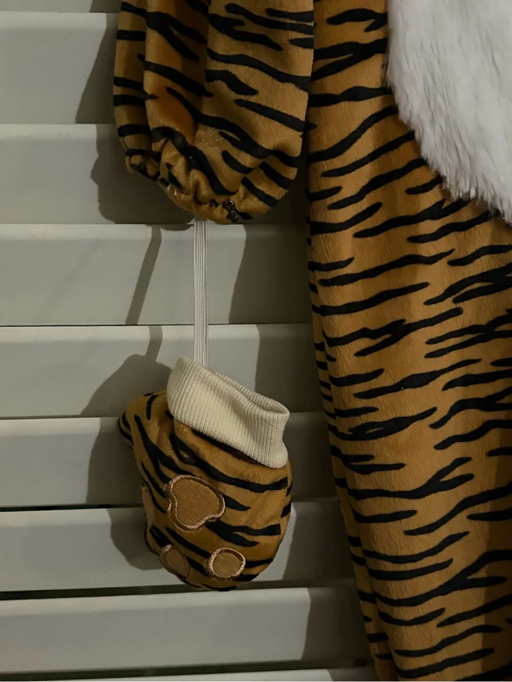 Tiger-Print Baby One-Piece Costume with Hood and Mittens - Brown